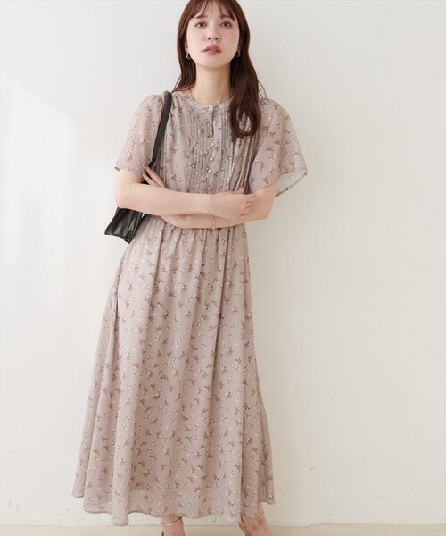 natural couture ワンピース 半袖 ピンタックフレア袖ワンピース