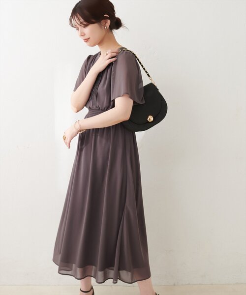 natural couture ワンピース 半袖 ピンタックフレア袖ワンピース