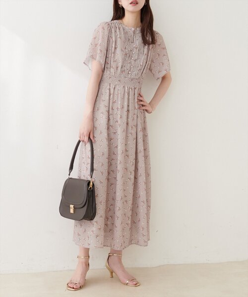 natural couture ワンピース 半袖 ピンタックフレア袖ワンピース