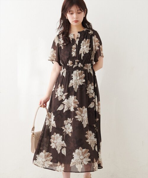natural couture ワンピース 半袖 ピンタックフレア袖ワンピース
