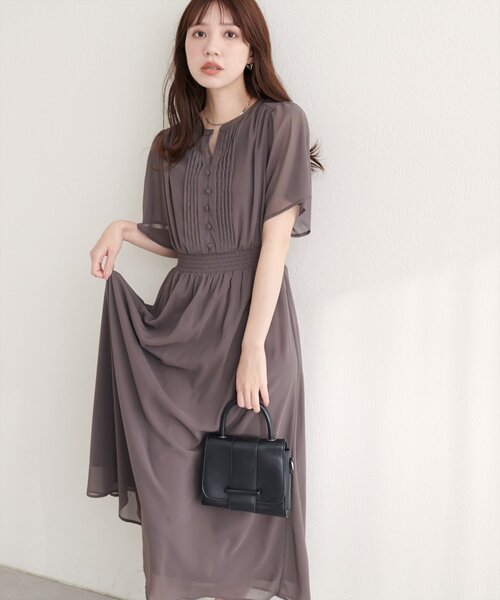 natural couture ワンピース 半袖 ピンタックフレア袖ワンピース