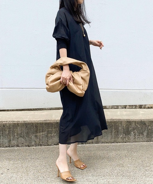 【美品】Audrey and John Wad　コットンシルクロングワンピース セール】コットンシルクセーラーカラーAラインロングワンピース