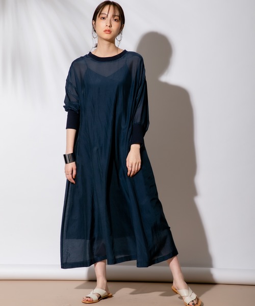 【美品】Audrey and John Wad　コットンシルクロングワンピース セール】コットンシルクセーラーカラーAラインロングワンピース