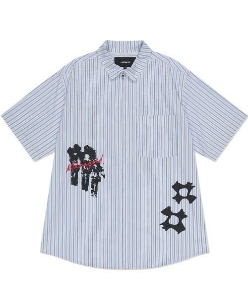 ブラウス シャツ 「mahagrid/マハグリッド」 DISORDER STRIPE ZIP UP S/S SHIRT ストライプ ジップアップ 半袖