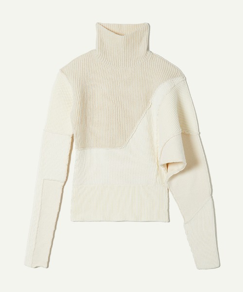 LEINWANDE◆Patchwork Asymmetry Top/ハイネックニット/FREE/ウール/クリーム/0224010507 leinwande ニット セーター Patchwork Asymmetry Top レディース