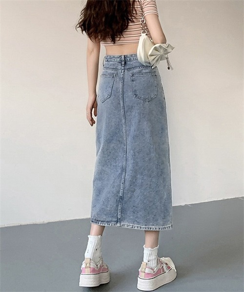 【MM】ミディロック フロント スリット スカート☆SALE中 セール】フロントスリット ミディ丈 デニムスカート（デニム
