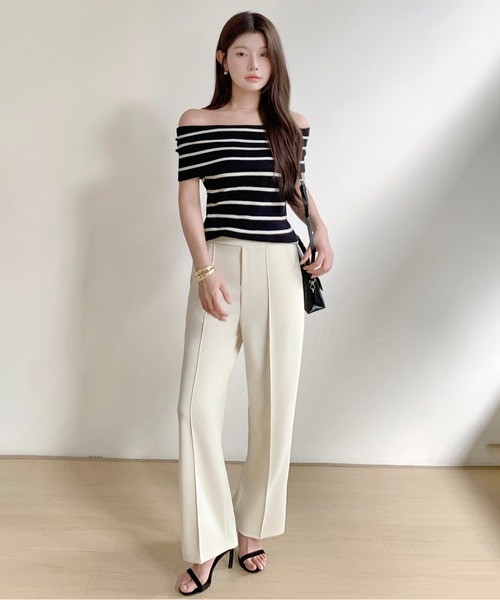 RAISED C/W TWILL PEALED CHECK PT DOUBLE TUCK WIDE PANTS(XS