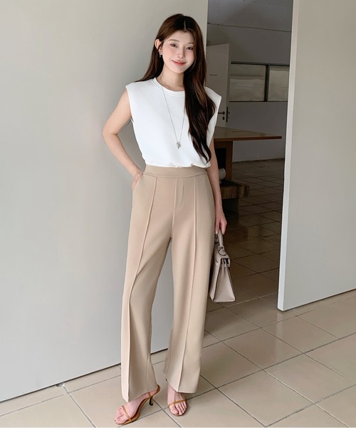 パンツ 選べる丈で美脚見えストレッチセンタープレスパンツ