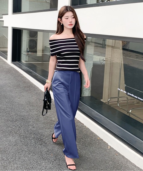 パンツ 選べる丈で美脚見えストレッチセンタープレスパンツ