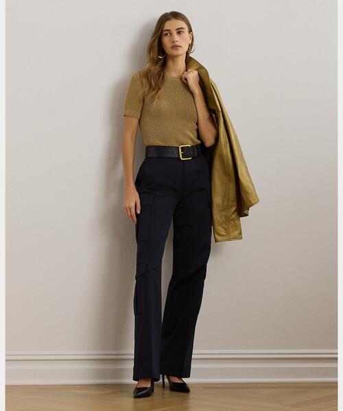 LAUREN RALPH LAUREN / ローレン ラルフ ローレン メタリック リブド ショートスリーブ セーター セール】ストライプド コットン ショートスリーブ セーター