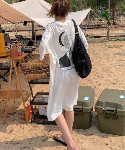 tシャツ プリントデザインロング丈Tシャツワンピース レディース