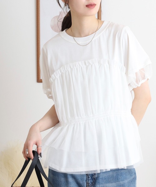 tシャツ Anna Nicola チュールビスチェレイヤード風半袖カットソー レディース