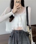 カーディガン 夏 レース付きリブ編みシアーカー...の詳細画像2