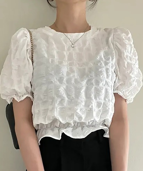 美品 ダーマコレクション 半袖ブラウス シワ加工 ワッシャー コットン 