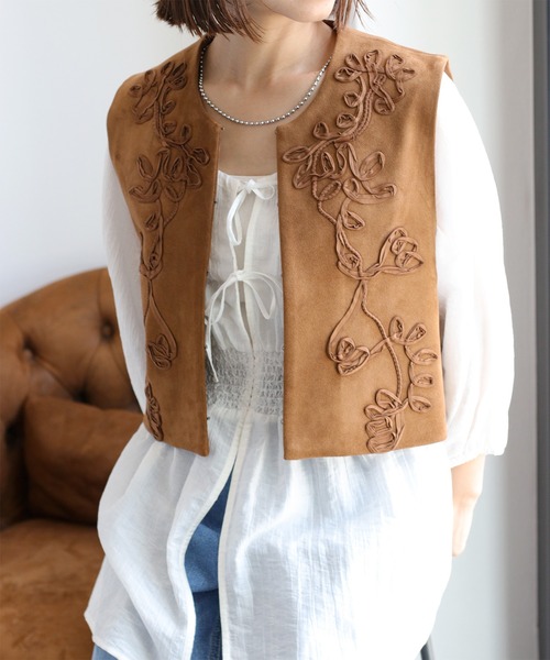 NOVOS ブラウン刺繍ベスト cepo（セポ） ベスト ジレ フェイクスウェード刺繍ベスト レディース