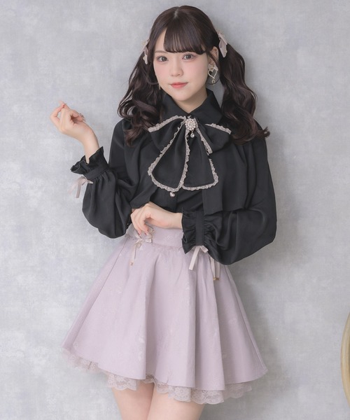 morphoseフレアスカート 黒 ピンクリボン レース ROJITA（ロジータ） スカート レースボンディングフレアスカート