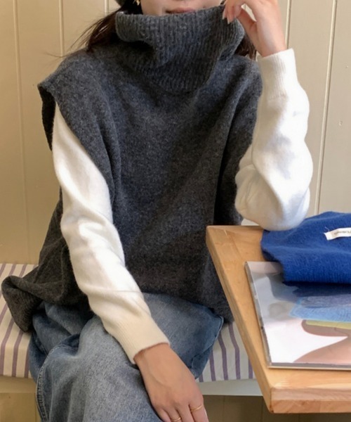 新品　Drawer  ノースリーブタートルネックニット 18G カシミヤシルクリブタートルニット