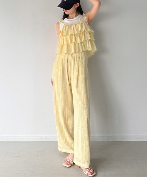 JUNOAH（ジュノア） セットアップ 肩リボンフリルキャミソールパンツ