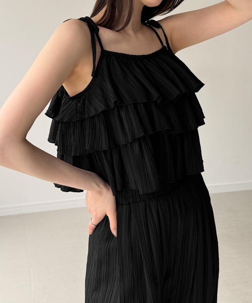JUNOAH（ジュノア） セットアップ 肩リボンフリルキャミソールパンツ