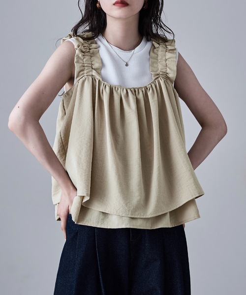 キャミソール リネンタッチギャザービスチェの画像
