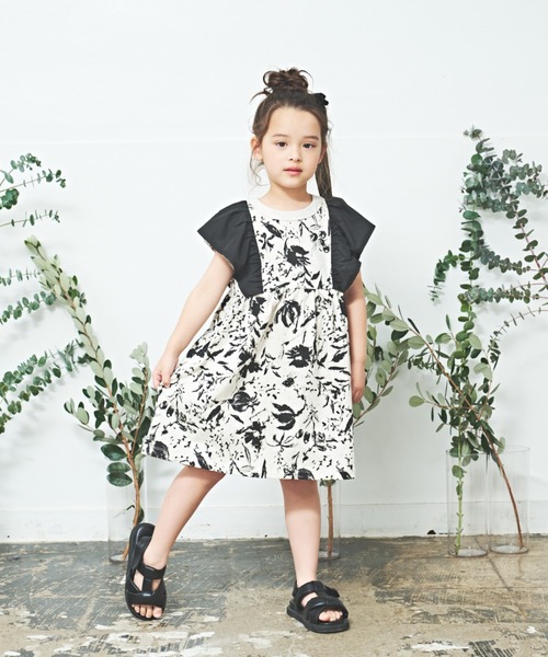 ワンピース レッドリボンフラワーPT天竺ティアードワンピース キッズ 子供服 女の子