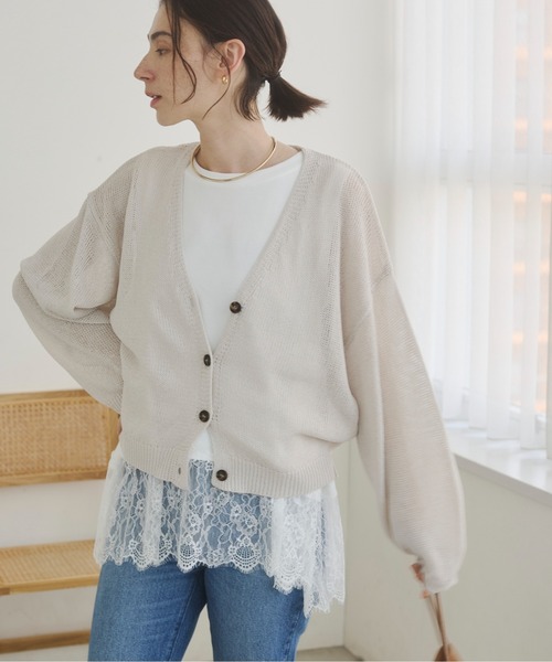 ANGIE カーディガン 夏 透かし編み Vネック ショート ニット