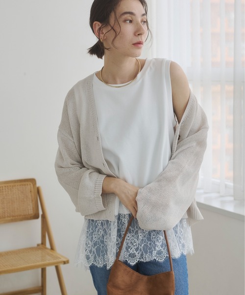 ANGIE カーディガン 夏 透かし編み Vネック ショート ニット
