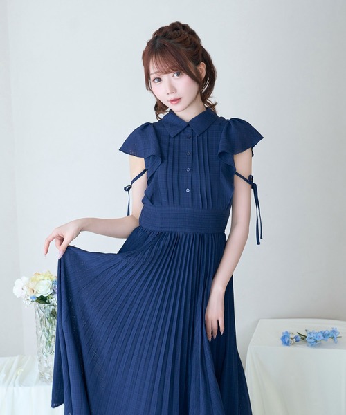 Rose Muse（ロゼミューズ） シャツワンピース Sheer check pleats