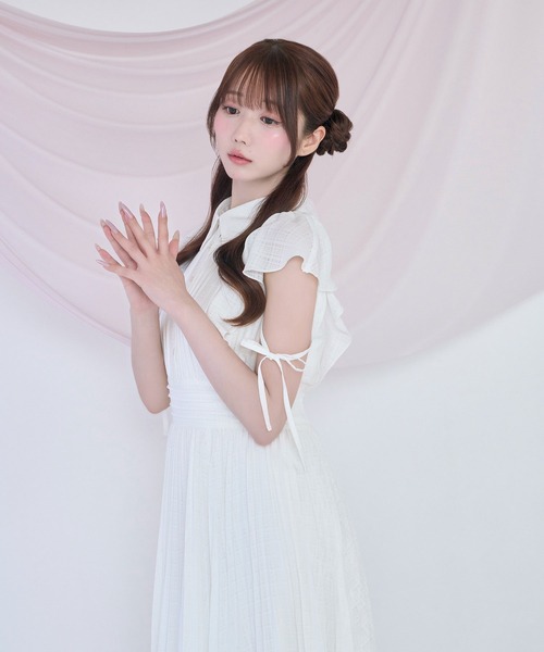 シャツワンピース Sheer check pleats dress