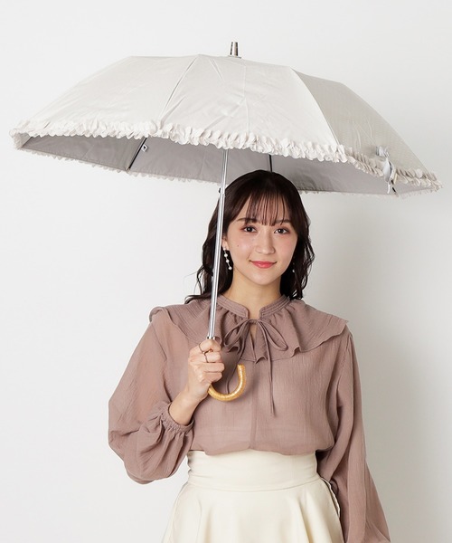 【未使用】ランバンオンブルー 折り畳み傘 晴雨兼用 日傘 ピンク ドビーフリル LANVIN en Bleu 折りたたみ傘 遮光 晴雨兼用折りたたみ日傘