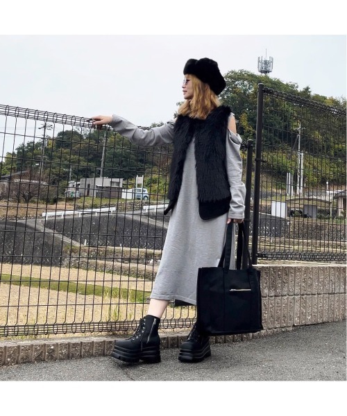 SEU ベスト ジレ 裾リブ付きオーバーサイズ前フェイクファー