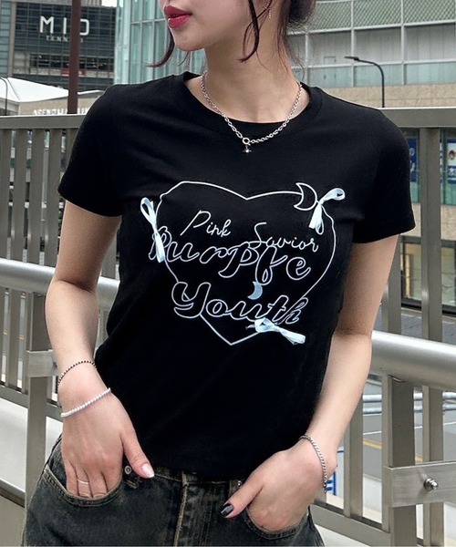 tシャツ A'GEM/9 × .kom 「.KOM/ドットケーオーエム」ハートリボン 半袖カットソー レディース メンズ KOM tシャツ A'GEM/9 × .kom 「.KOM/ドットケーオーエム」ハート