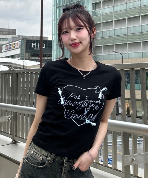 tシャツ A'GEM/9 × .kom 「.KOM/ドットケーオーエム」ハートリボン 半袖カットソー レディース メンズ KOM tシャツ A'GEM/9 × .kom 「.KOM/ドットケーオーエム」ハート