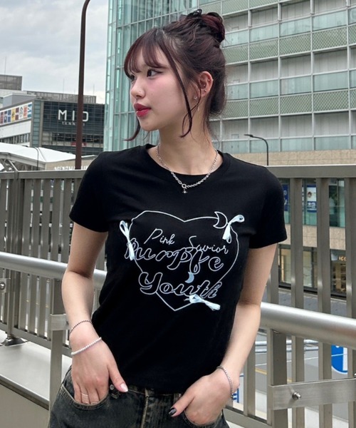 tシャツ A'GEM/9 × .kom 「.KOM/ドットケーオーエム」ハートリボン 半袖カットソー レディース メンズ KOM tシャツ A'GEM/9 × .kom 「.KOM/ドットケーオーエム」ハート