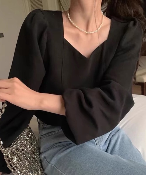 leune（ルネ） ブラウス シャツ バックシアーリボンパフスリーブ