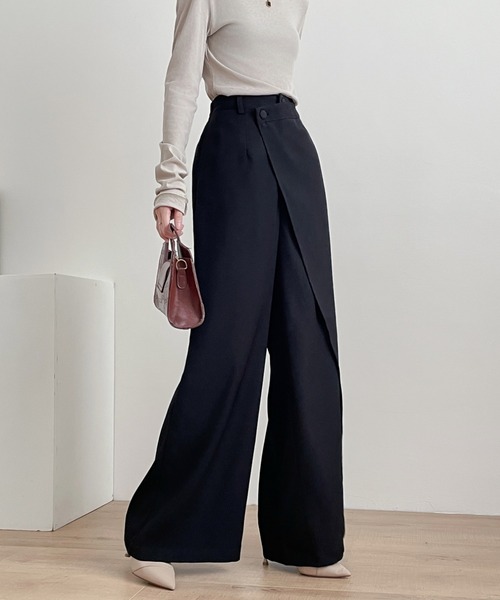 ECLIN スラックス パンツ アシメラッフルワイドシルエットパンツ