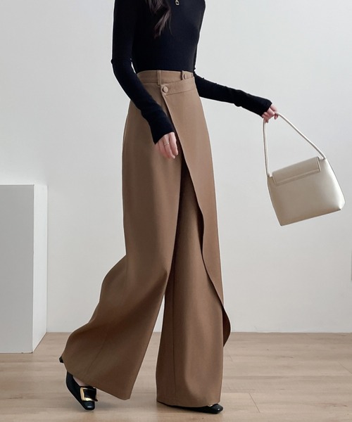 ECLIN スラックス パンツ アシメラッフルワイドシルエットパンツ