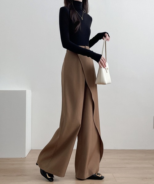 ECLIN スラックス パンツ アシメラッフルワイドシルエットパンツ