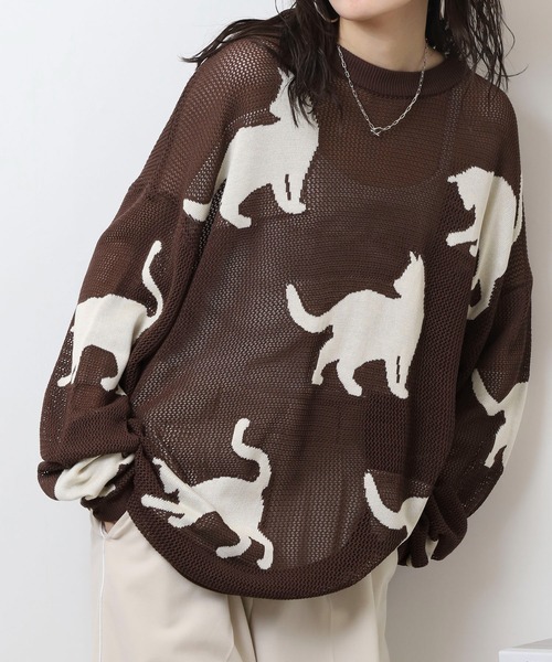 CIAO（チャオ） ニット セーター 歩くネコ シアーニット 長袖