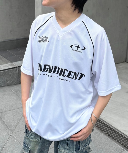 90s USA製 サッカー ゲームシャツ Vネック ラグラン袖 プリント 希少 tシャツ 25SS Vネックゲームシャツ ユニフォームライク ドロスト