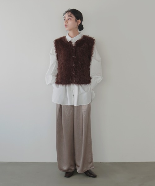 LIAN（リアン） スラックス パンツ サテンタックワイドパンツ