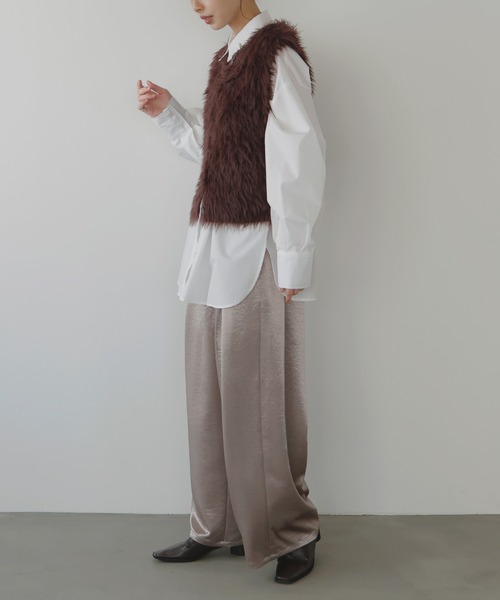 LIAN（リアン） スラックス パンツ サテンタックワイドパンツ