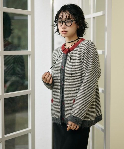 カーディガン double pocket border knit cardigan /ダブルポケット