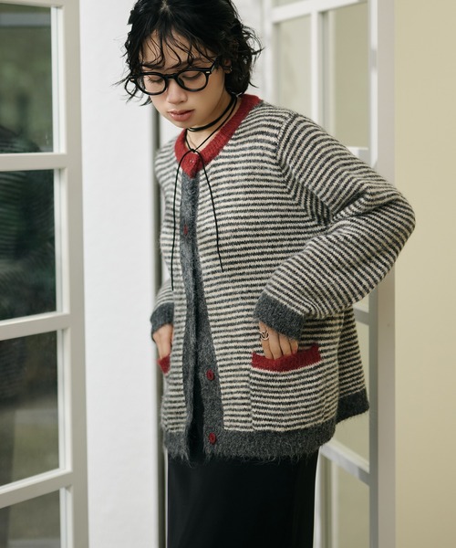 カーディガン double pocket border knit cardigan /ダブルポケット