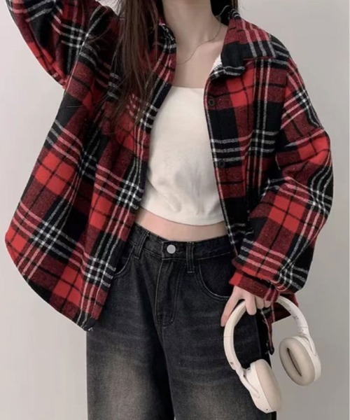 ブラウス シャツ 裏起毛 チェック柄 オーバーサイズ レディース