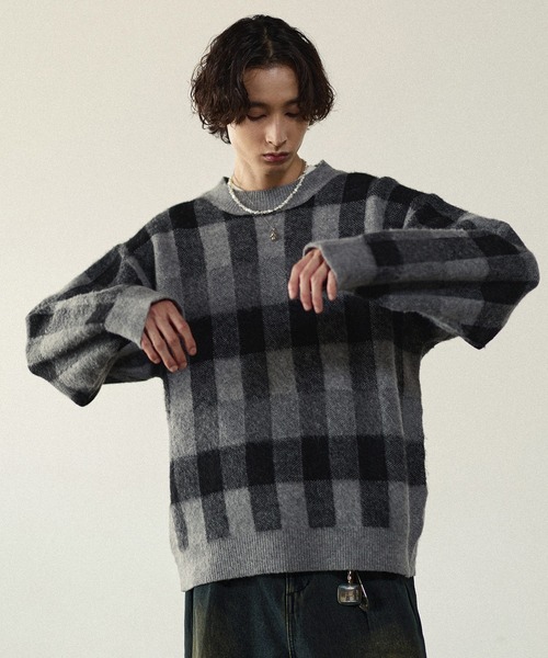 Bleme セーター ニット リラクシー チェック柄 シャギーニット メンズ