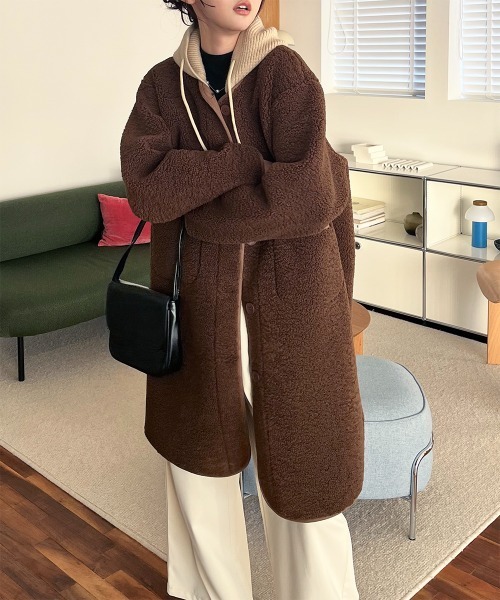 ノーカラーコート コート フード付き ノーカラーボアロングコート