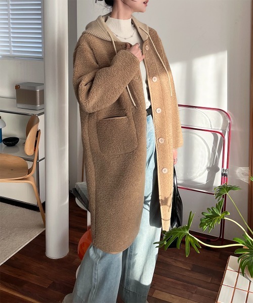 ノーカラーコート コート フード付き ノーカラーボアロングコート