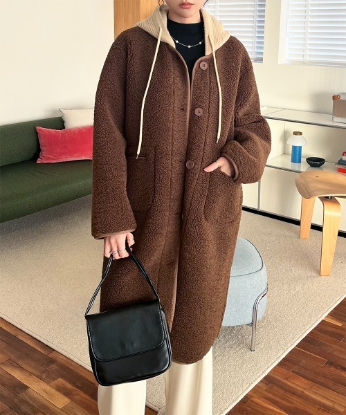 ノーカラーコート コート フード付き ノーカラーボアロングコート