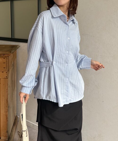 Thevon（ゼヴォン） ブラウス シャツ ウエストベルトストライプシャツ